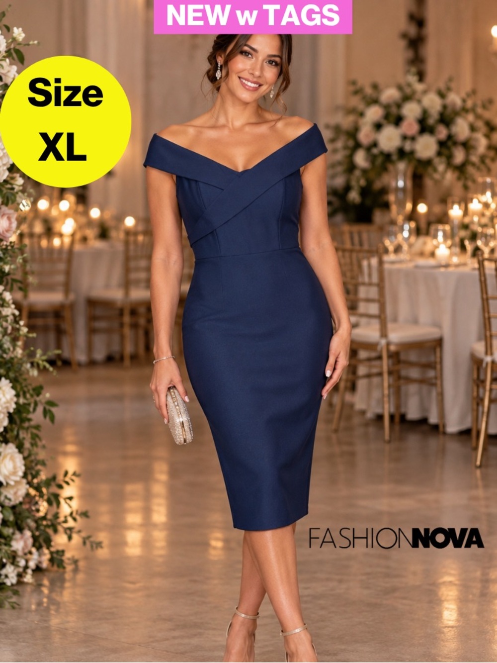 NEW w TAGS 🏷️ FASHION NOVA Navy Off-Shoulder Bandage Midi Dress (Women’s XL)